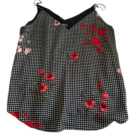 Express women’s Black and white Plaid cami tank top red floral flowers - Picture 2 of 6